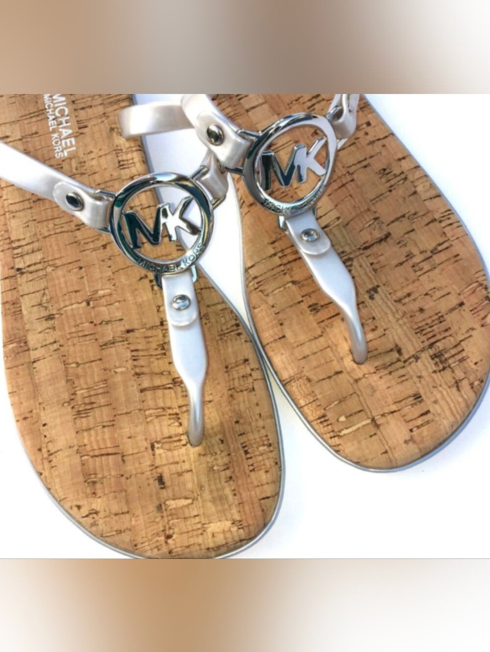 Michael Kors White Cork Logo Thong Sandals